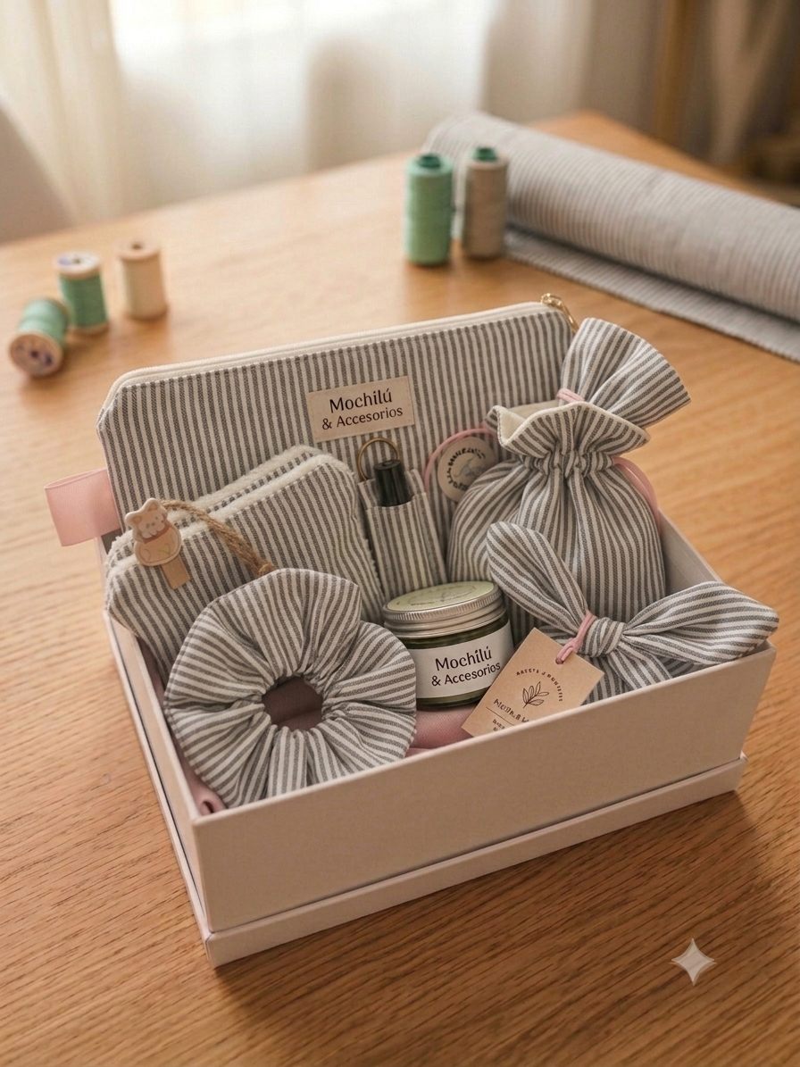 Caja de regalo artesanal rayas gris Mochilú con neceser, scrunchie, llavero, bolsitas y vela