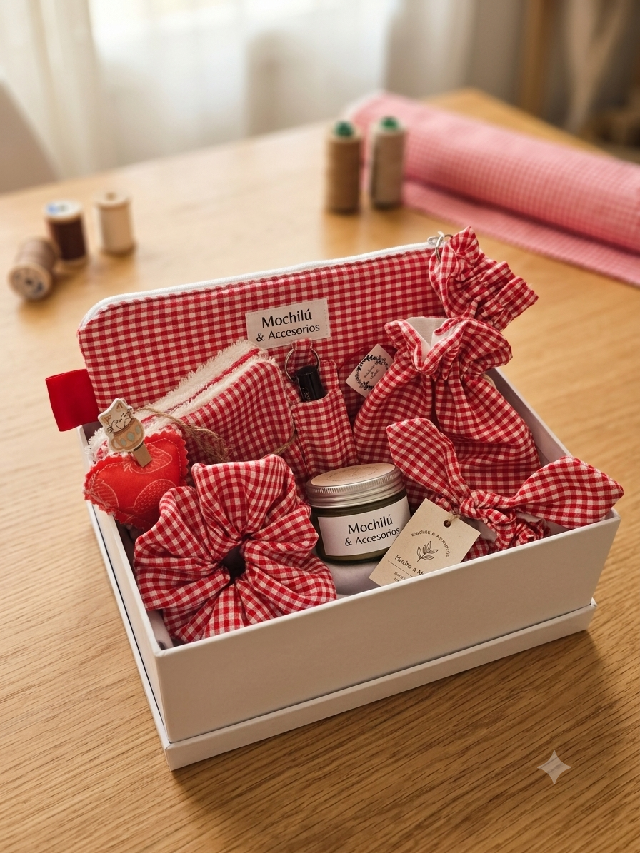 Caja de regalo artesanal vichy roja Mochilú con neceser, scrunchie, llavero, bolsitas y vela