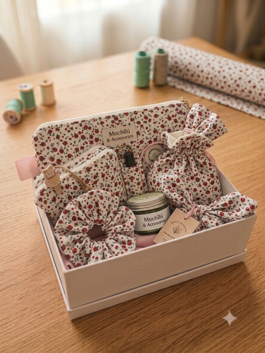 Caja de regalo floral artesanal Mochilú con neceser, scrunchie, bolsitas y vela