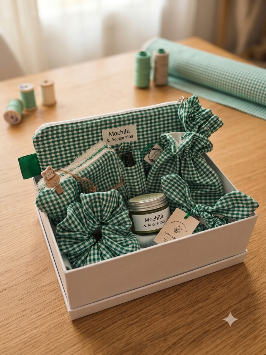 Caja de regalo artesanal vichy verde Mochilú con neceser, scrunchies, bolsitas y vela