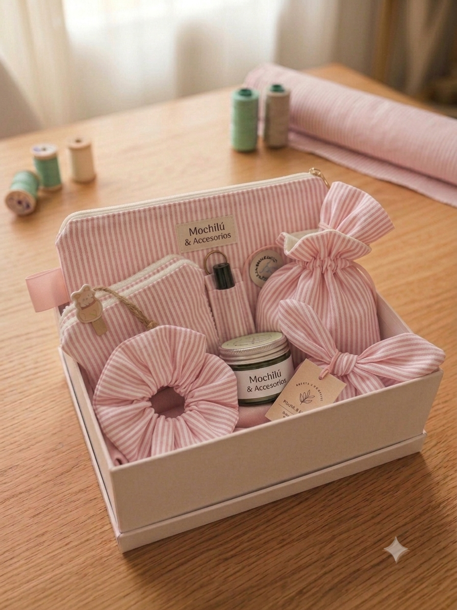 Caja de regalo artesanal rayas rosa Mochilú con neceser, scrunchie, llavero, bolsitas y vela
