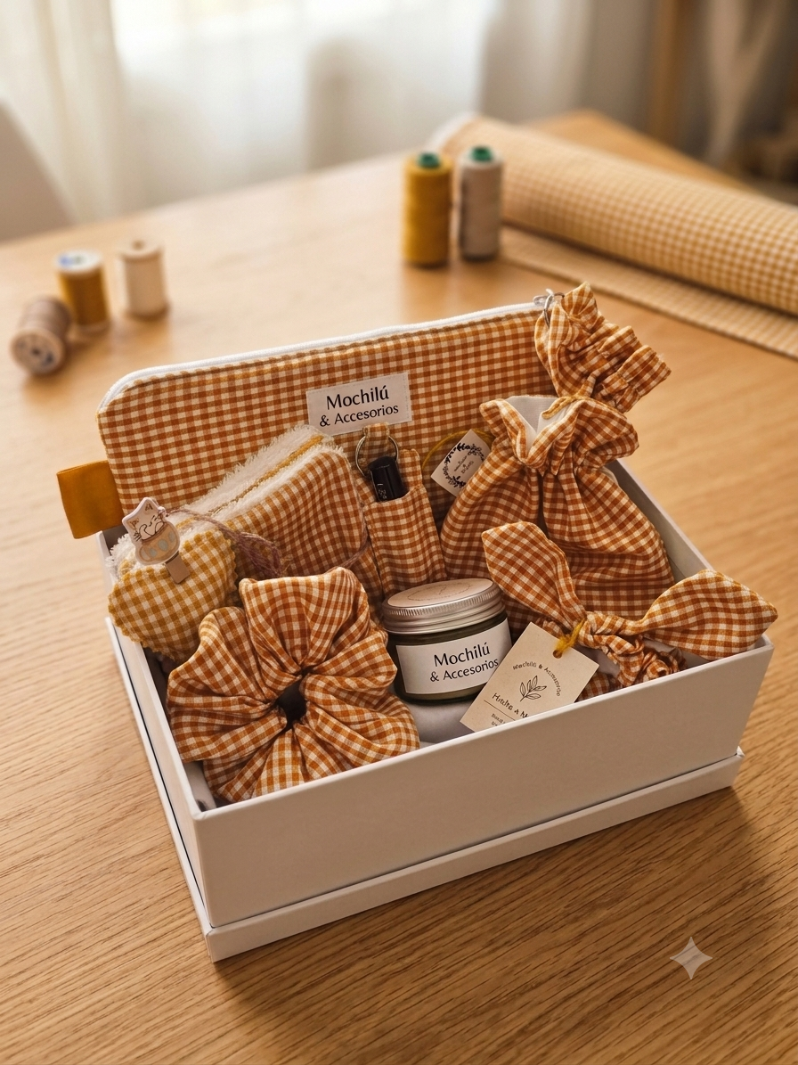 Caja de regalo artesanal vichy mostaza Mochilú con neceser, scrunchies, bolsitas y vela